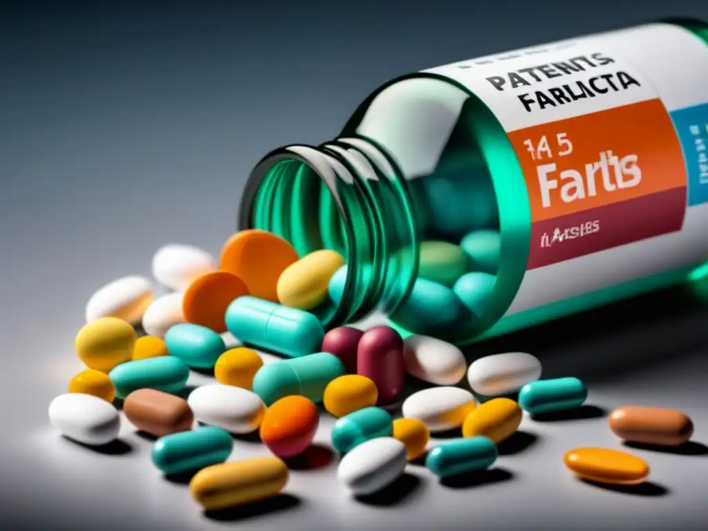 Abundancia de Patentes Farmacéuticas Abundancia y complejidad en la industria farmacéutica: botella rebosante de píldoras de distintas formas, tamaños y colores