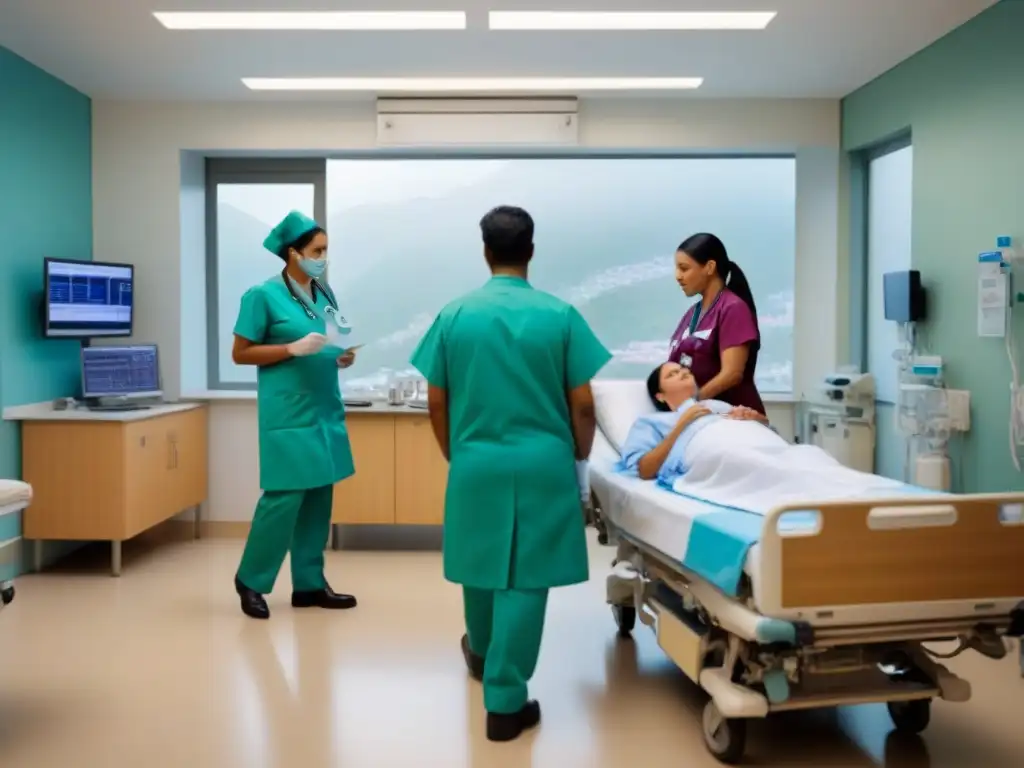 Profesionales de la salud en acción: Hospital concurrido en Sudamérica Acceso universal salud en el Cono Sur: Profesionales sanitarios diversos atienden pacientes en sala de emergencias bulliciosa