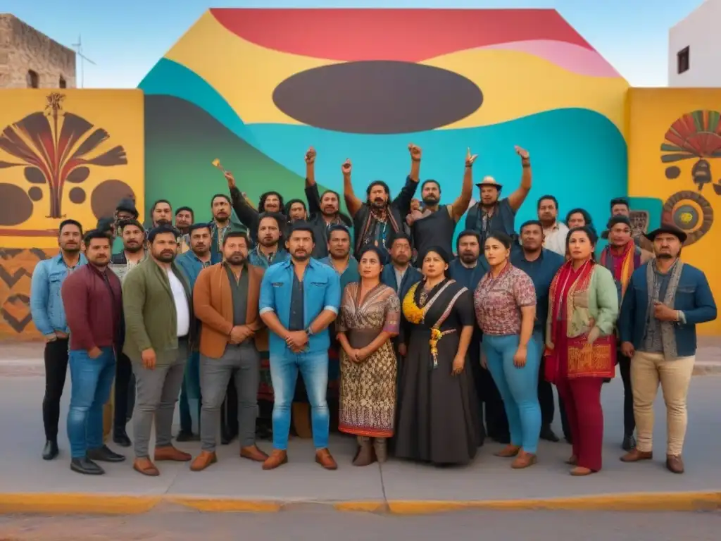 Activistas de ONGs defienden derechos indígenas en México frente a mural vibrante de su cultura