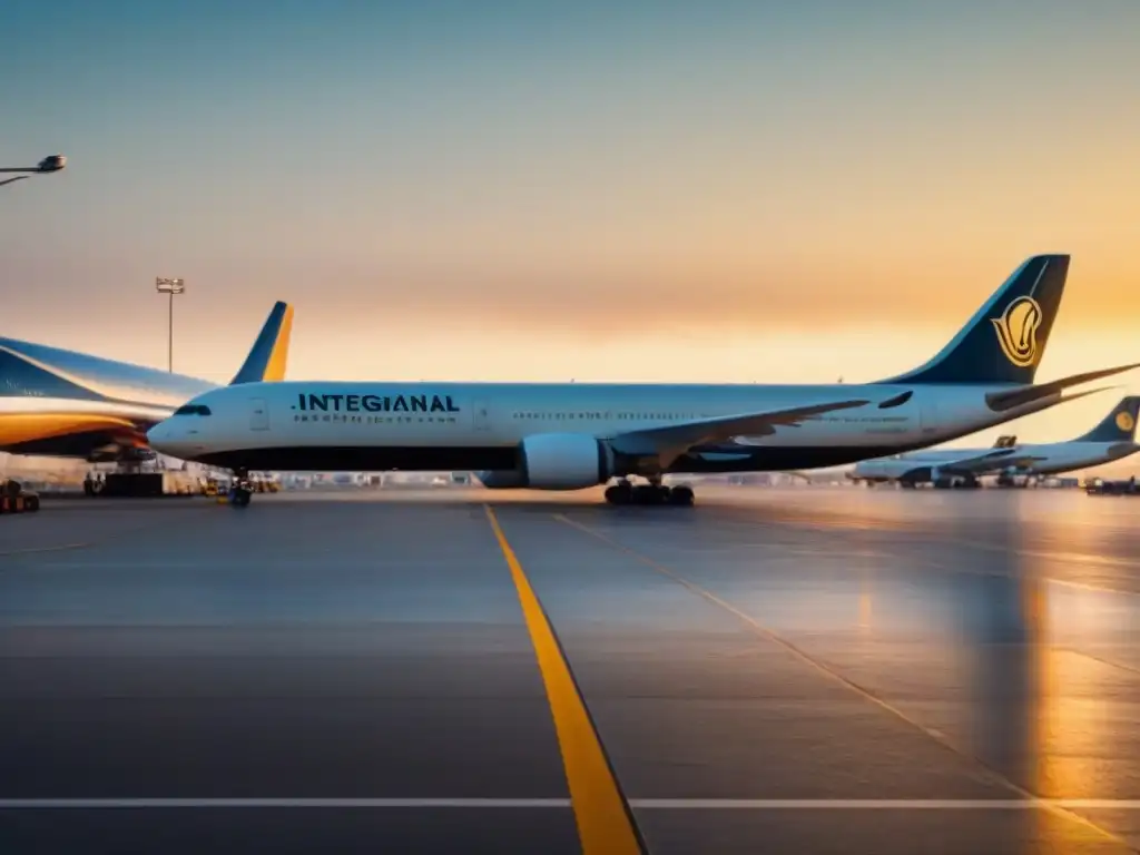 Un aeropuerto internacional bullicioso con aviones alineados en la pista, reflejando la interconectividad global y el impacto de las leyes internacionales en las respuestas económicas durante una pandemia
