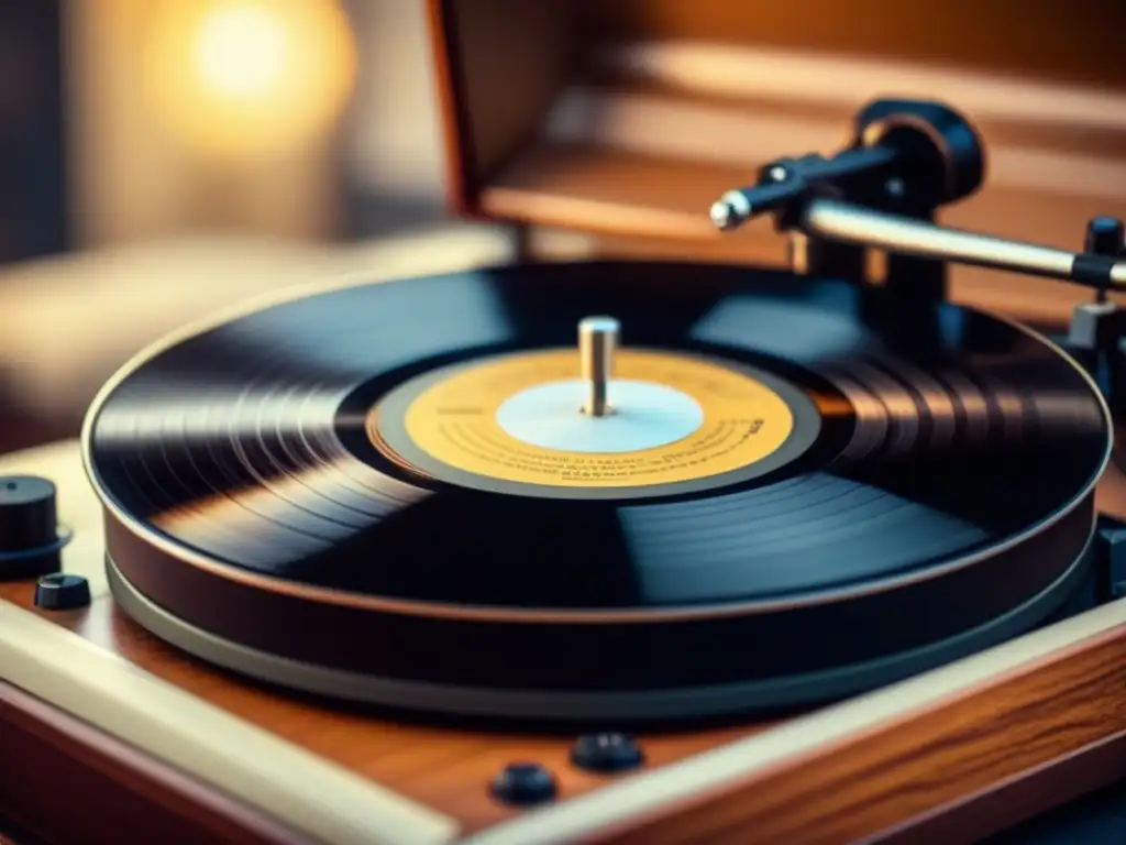 Una aguja de tocadiscos vintage tocando suavemente los surcos de un disco de vinilo, resaltando la textura y equilibrio delicado