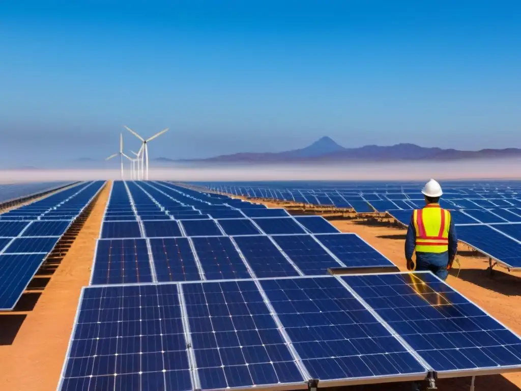Granja solar en desierto mexicano: energía renovable bajo el sol Amplia granja solar en el desierto mexicano bajo cielo azul, con paneles solares, trabajadores y turbinas eólicas