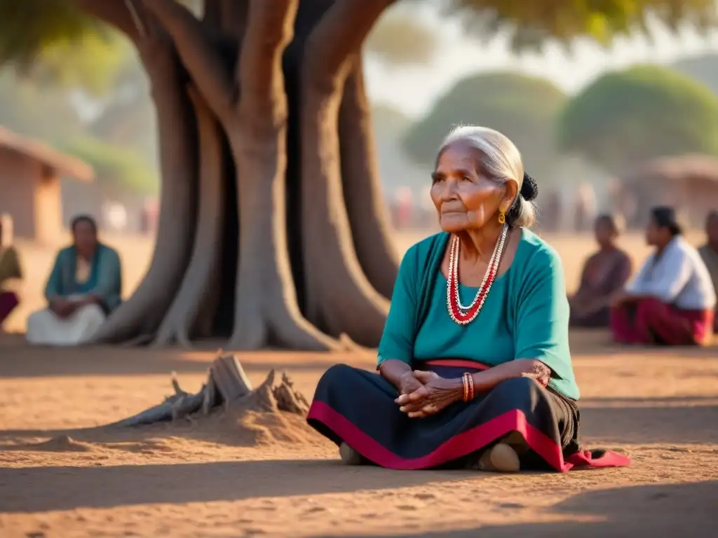 Anciana indígena mexicana bajo árbol ancestral, rodeada de comunidad atenta, transmitiendo sabiduría al atardecer