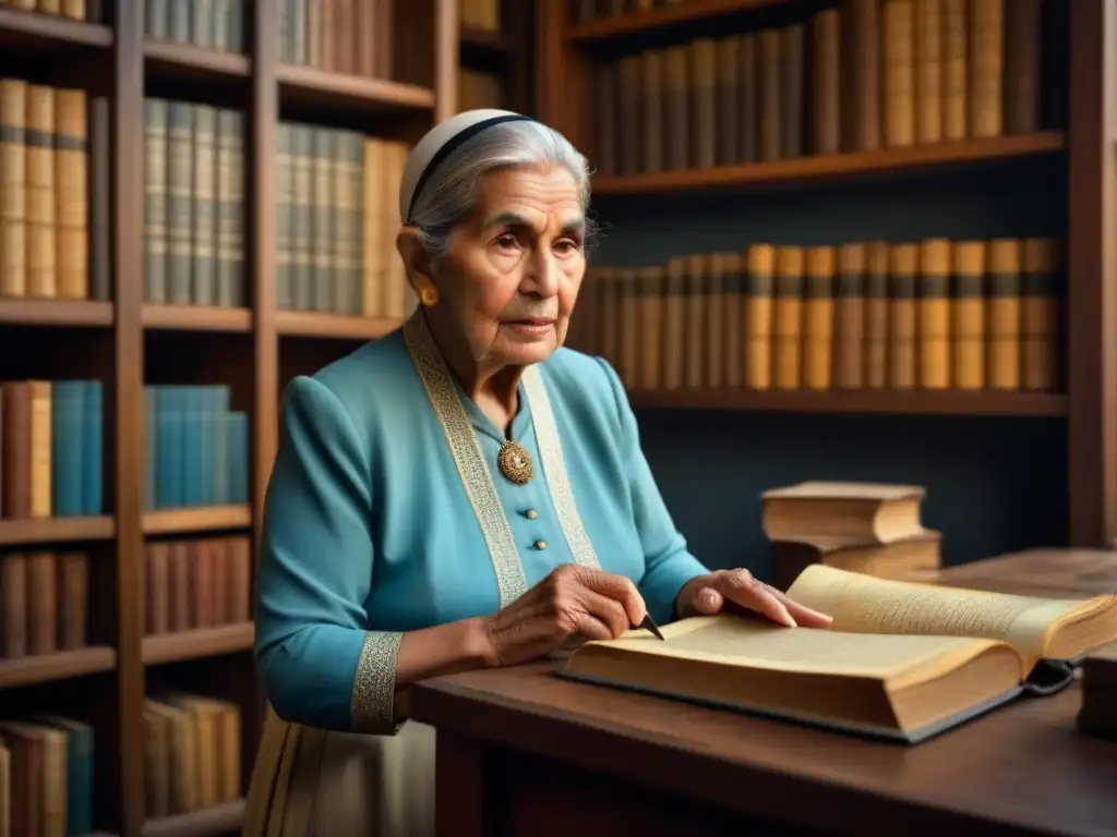 Explorando el pasado: sabiduría en la penumbra Una anciana en traje tradicional salvadoreño examina un pergamino amarillento con una lupa, rodeada de libros antiguos