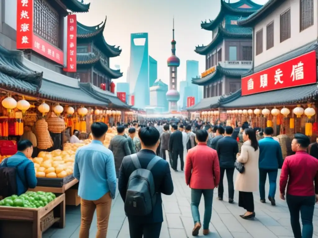 Mercado electrónico en Shanghai: fusión de tradición y tecnología Una animada escena de mercado en Shanghai con arquitectura asiática y rascacielos modernos al fondo, reflejando la fusión de costumbres ancestrales y tecnología avanzada