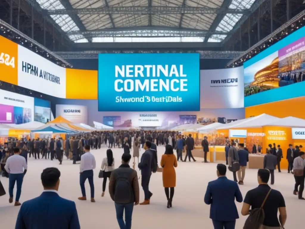 Feria Internacional de Comercio: Diversidad y Negocios Globales Un animado evento internacional de comercio con vendedores de todo el mundo y letrero 'Leyes internacionales comercio electrónico'