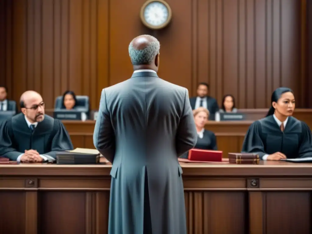 Apasionada estrategia legal contra piratería en un tribunal, abogado destaca entre jurados y juez