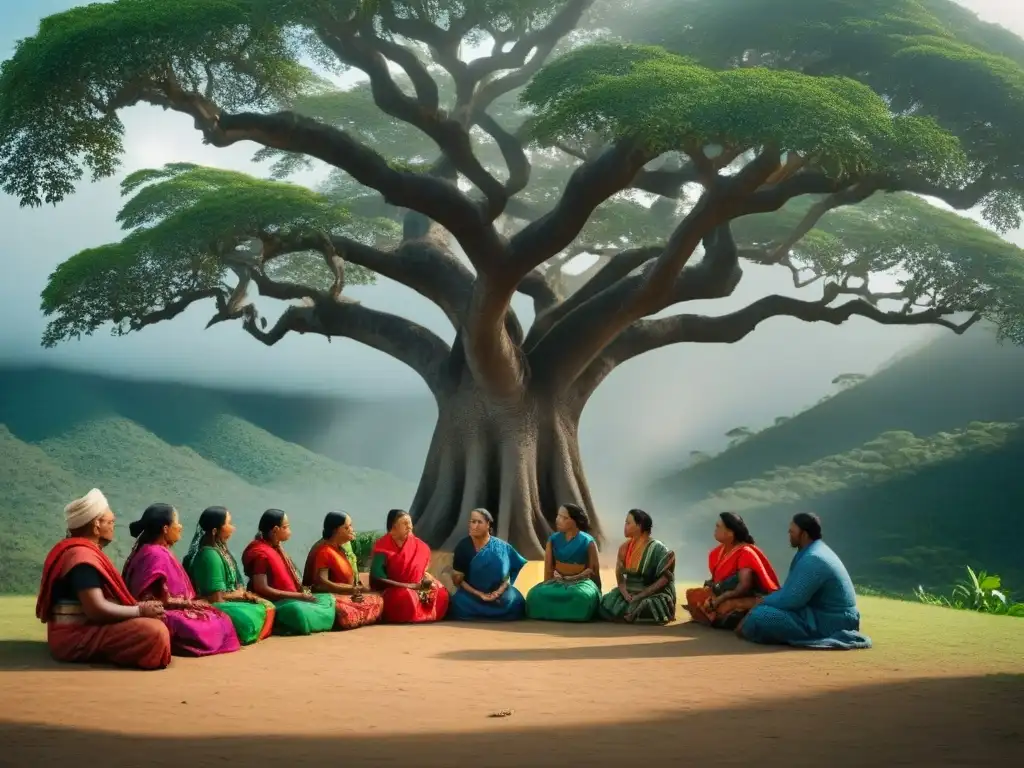 Conversación apasionada de líderes indígenas bajo ceiba, vestidos con colores vibrantes