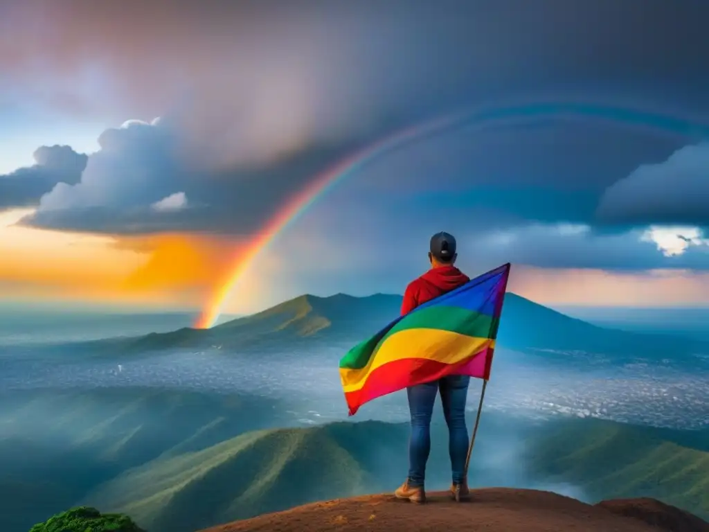 Bandera arcoíris ondeando con fuerza en Honduras al atardecer Un arcoíris ondea valientemente sobre el horizonte de Honduras, simbolizando la lucha por los derechos LGBTQ+ en el país
