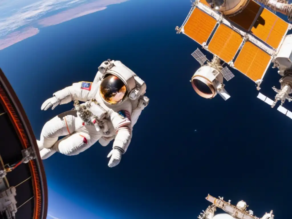Exploración espacial: Astronautas en EVA frente a la Tierra Astronautas realizan espacioexterior, Estación Espacial Internacional y Tierra al fondo
