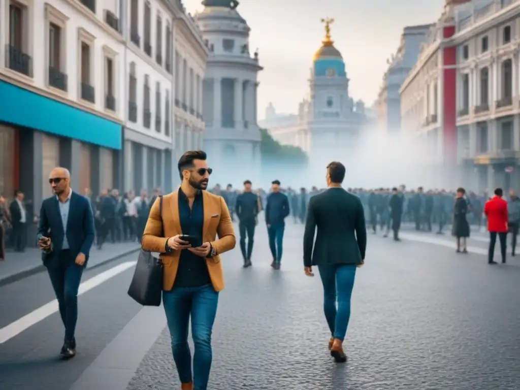 Contraste urbano en Madrid: tradición y tecnología en movimiento Un bullicioso Madrid con arquitectura tradicional y rascacielos modernos, reflejando la regulación de la IA en España