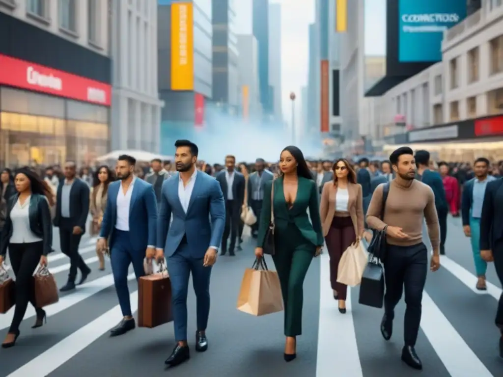 Un bullicioso escenario urbano con personas diversas caminando en la calle, reflejando actividades económicas y financieras