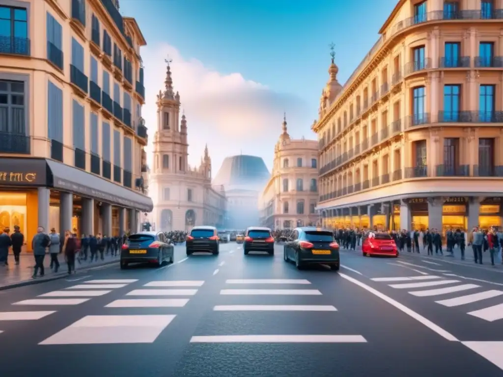 Futuro AI en España: Integración tecnológica en la vida cotidiana Una calle bulliciosa en España con tecnología de IA, mostrando la regulación de la IA en España