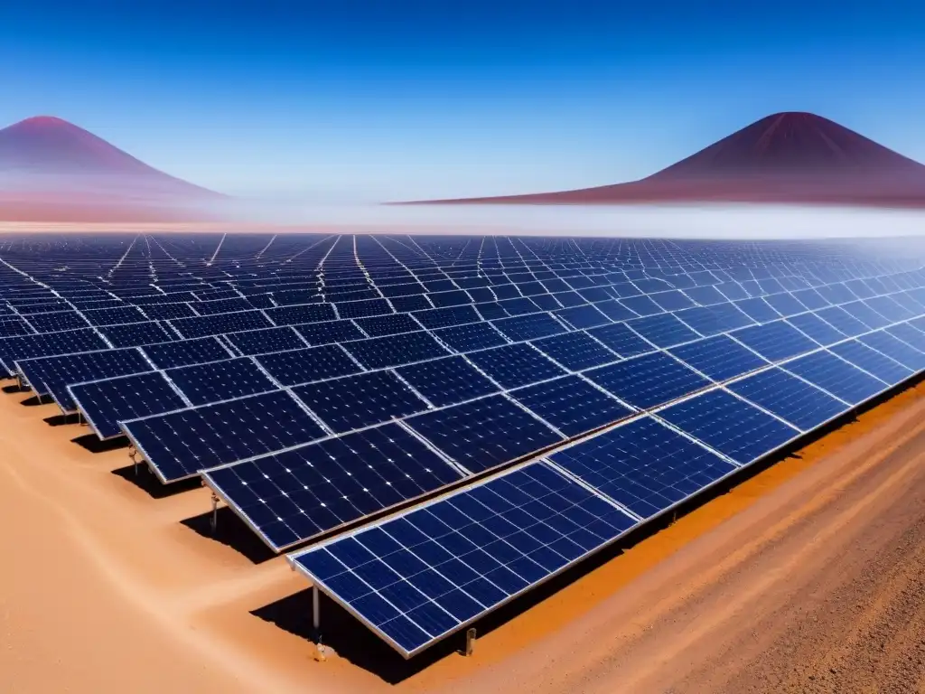 Campo solar en Desierto de Atacama: Energía limpia en un paisaje árido Un campo de paneles solares en el árido Desierto de Atacama, Chile, destacando la integración tecnologías limpias Cono Sur