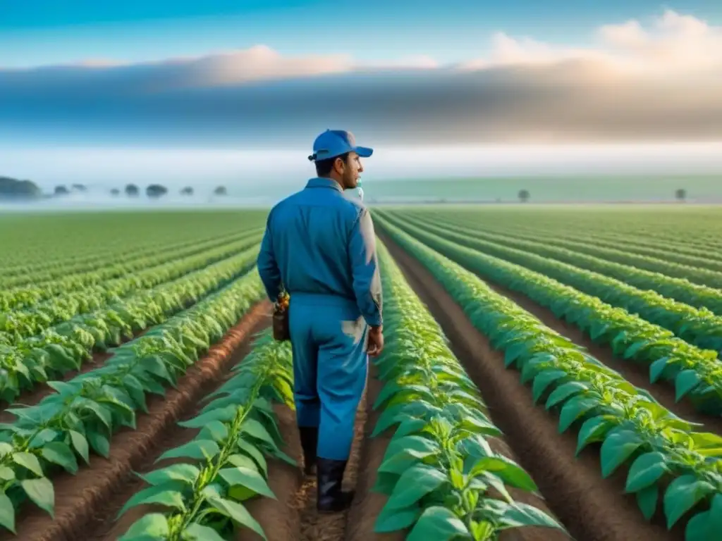 Contraste agrícola: belleza y riesgos en campo de soja Campo de soja extenso en Sudamérica con agricultor rociando agroquímicos