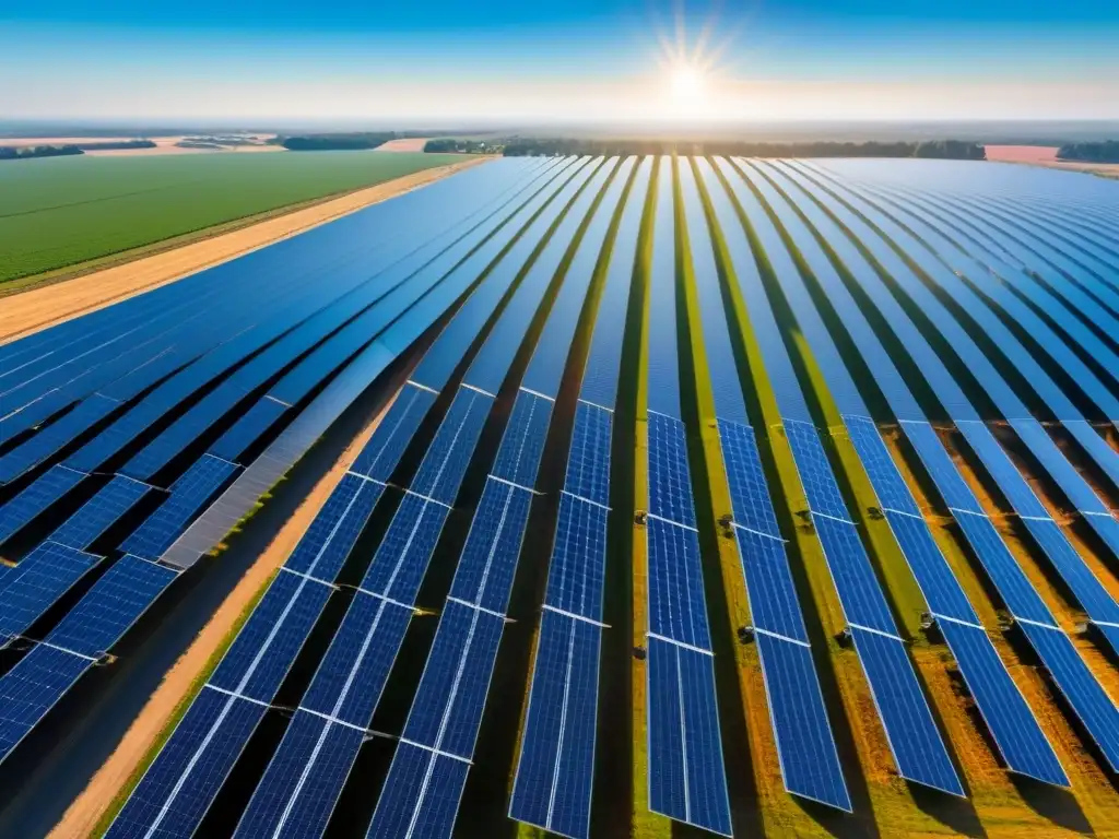 Granja solar: armonía entre tecnología y naturaleza Un campo solar extenso bajo el cielo azul, con paneles brillantes y sombras largas