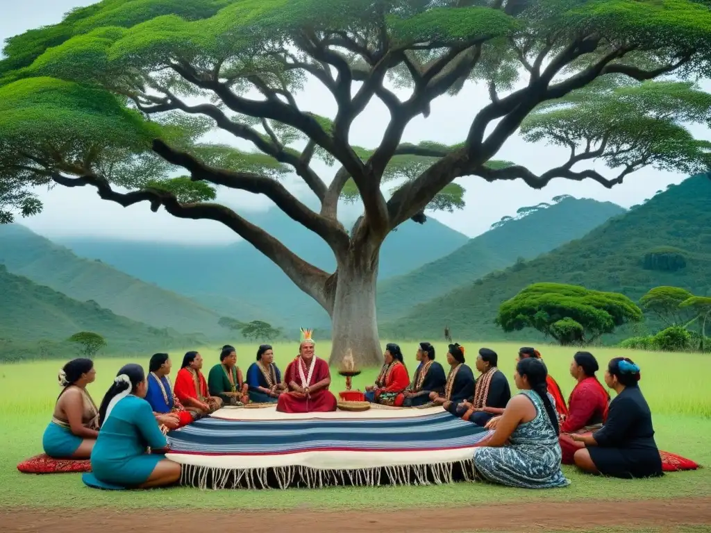 Ceremonia tradicional de líderes comunitarios indígenas bajo ceiba monumental, impacto leyes centroamericanas comunidad indígena