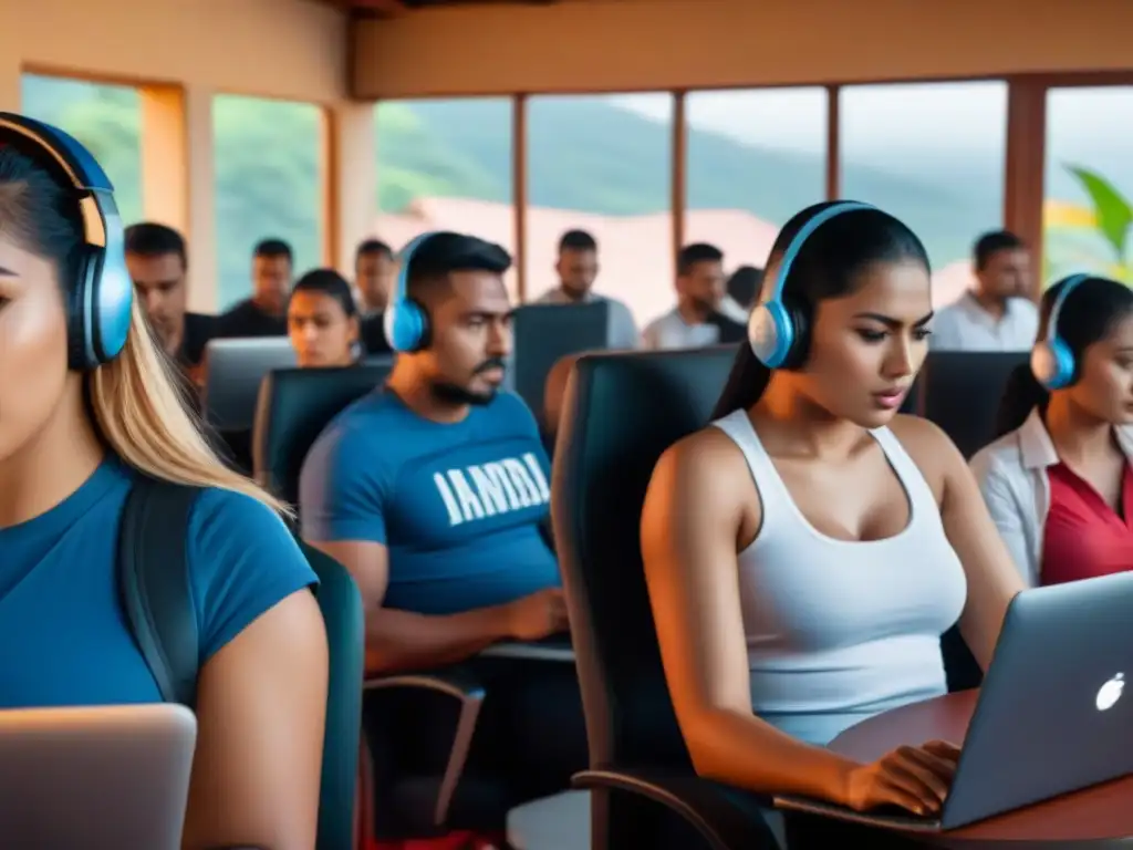 Un cibercafé lleno de personas en Nicaragua usando dispositivos digitales, reflejando la complejidad de la legislación protección datos Nicaragua