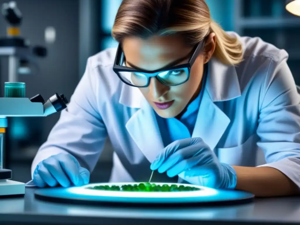 Inspección detallada de microorganismos genéticamente modificados Un científico examina microorganismos modificados genéticamente en un laboratorio, reflejando éxito en empresas biotecnología cumplimiento normativo