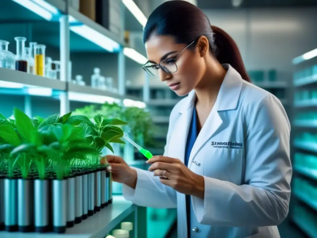 Experimento de modificación genética en plantas Científico inyectando una planta con precisión en laboratorio, destacando la investigación de modificación genética agrícola