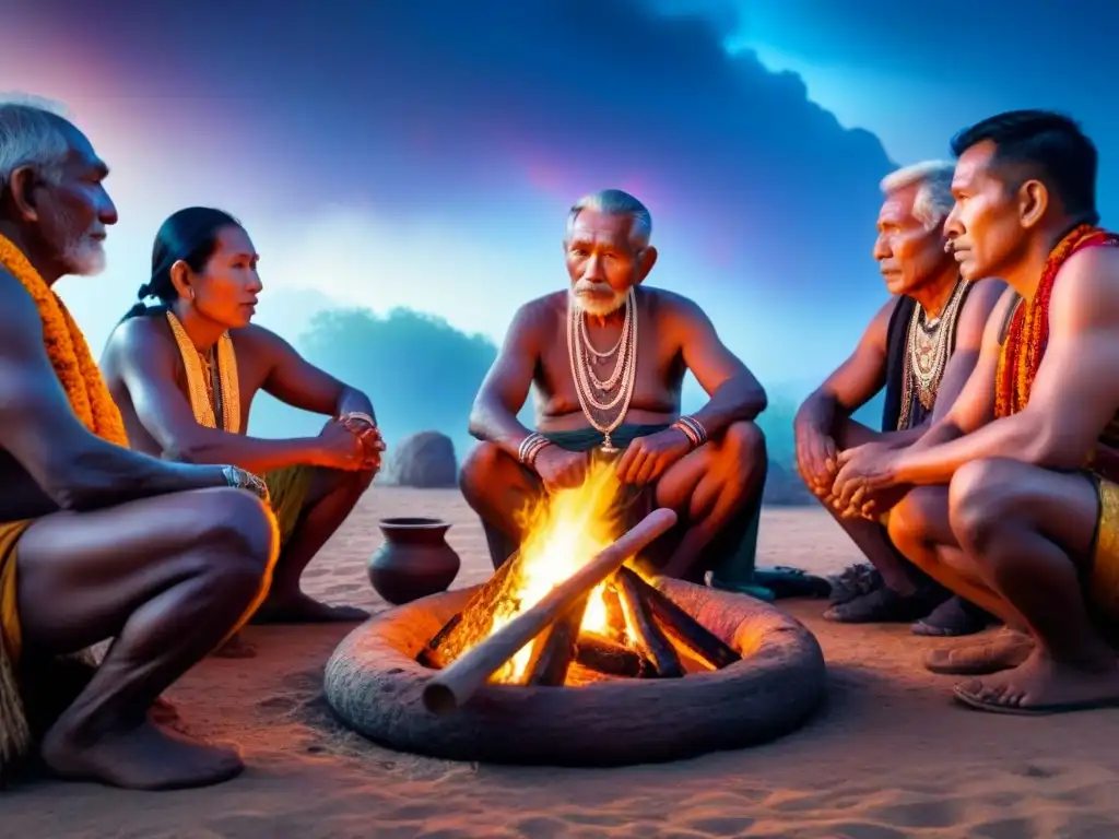 Círculo de ancianos indígenas mexicanos alrededor del fuego, transmitiendo sabiduría y tradición ancestral