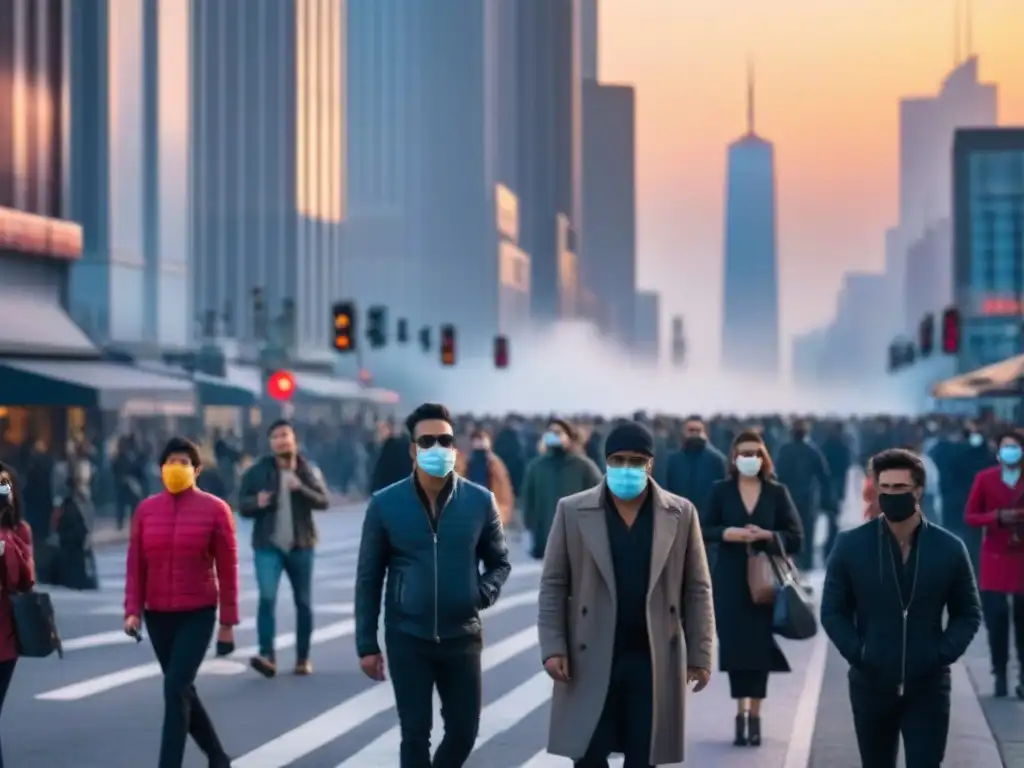 La ciudad bulliciosa refleja determinación y cautela en las personas con mascarillas, bajo un cielo atardecer