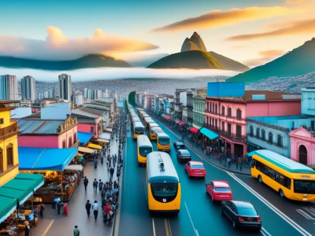 Panorama urbano: modernidad y tradición en Sudamérica Una ciudad bulliciosa en Sudamérica: rascacielos modernos contrastan con arquitectura colonial