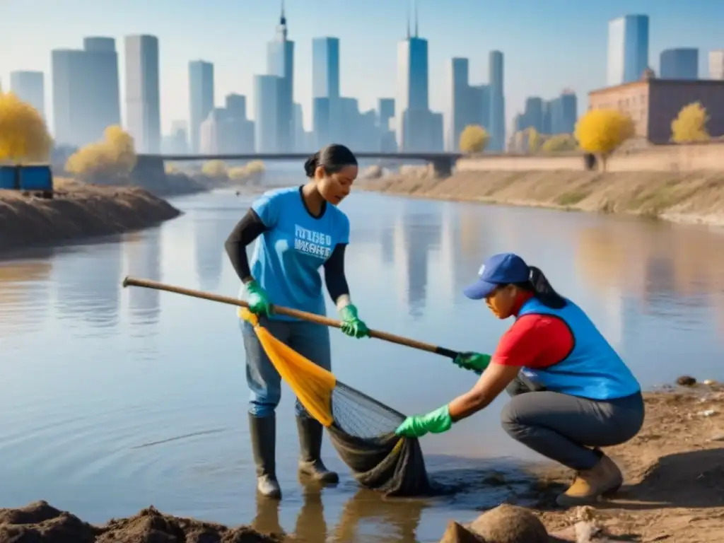 Ciudadanos internacionales unidos por la conservación de recursos hídricos, limpiando un río contaminado