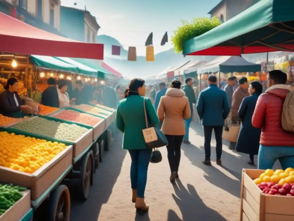 Colorido mercado en Chile con vendedores y letreros 'No Publicidad Engañosa', reflejando normativas publicidad engañosa online Sudamérica