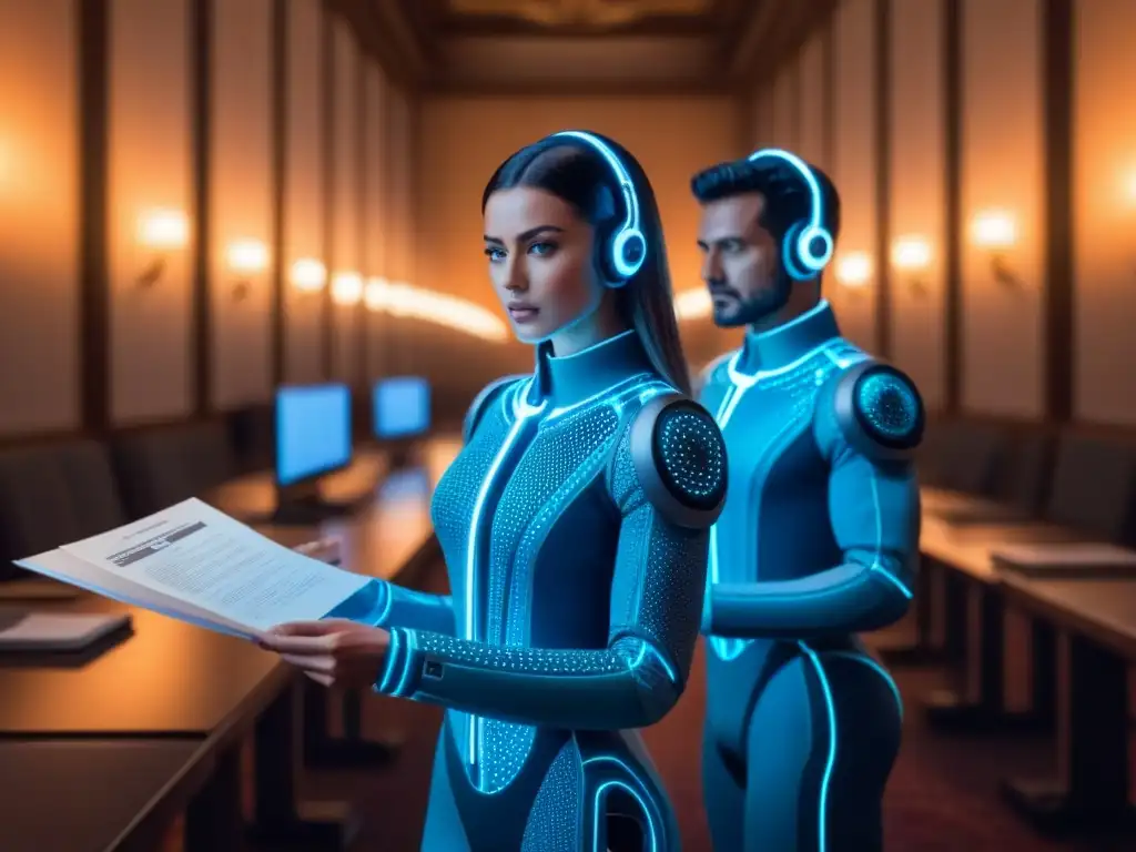 IA legal: entrelazando circuitos y leyes en un mundo futurista Compleja red de circuitos brillantes entrelazados con documentos legales y brazos robóticos en una sala futurista