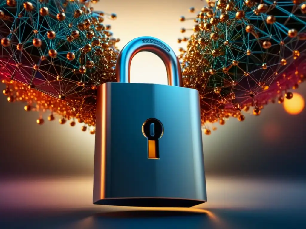 Compleja red de datos protegida con candados, simbolizando la prevención de hackeos y fugas de información en código binario