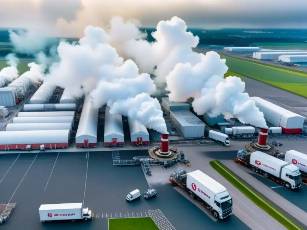 Fábrica farmacéutica: escala industrial y eficiencia Complejo industrial farmacéutico con chimeneas humeantes, estacionamiento lleno y camiones listos para cargar