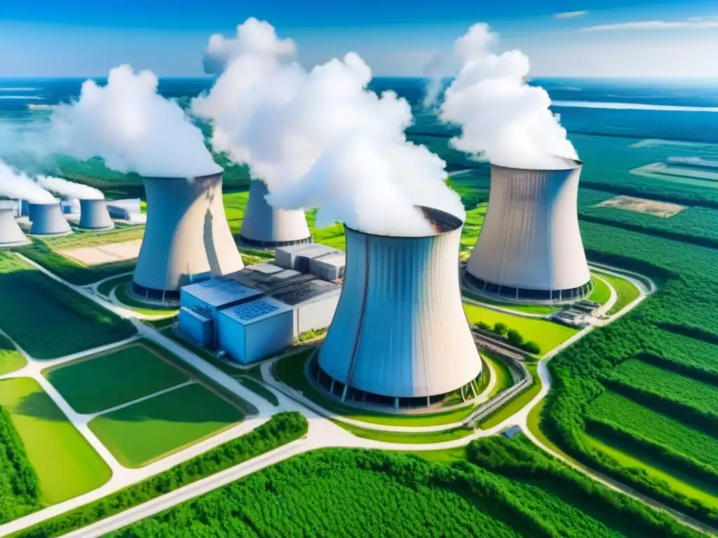 Complejo nuclear: tecnología y naturaleza en armonía Complejo de planta nuclear rodeado de exuberante vegetación, con torres de enfriamiento emitiendo vapor contra un cielo azul