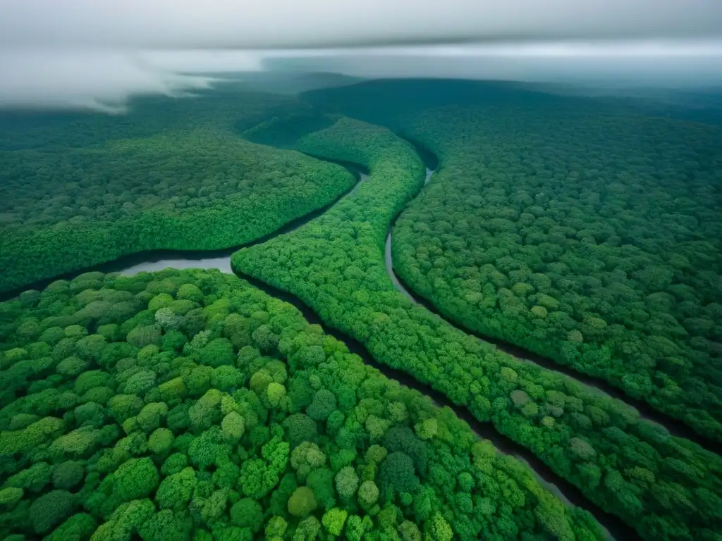 Compromiso igualdad género Brasil: Vista aérea de la exuberante selva amazónica en Brasil, con un río serpenteante entre la densa vegetación