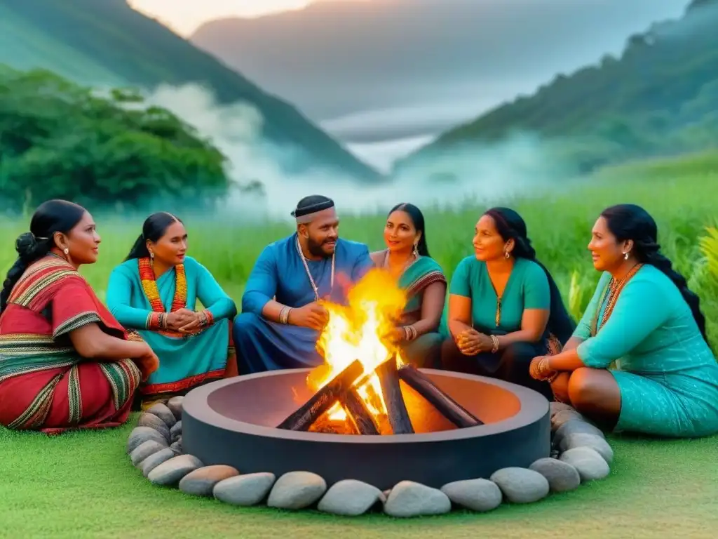 Comunidad indígena reunida alrededor de fogata tradicional, reflejando impacto leyes centroamericanas
