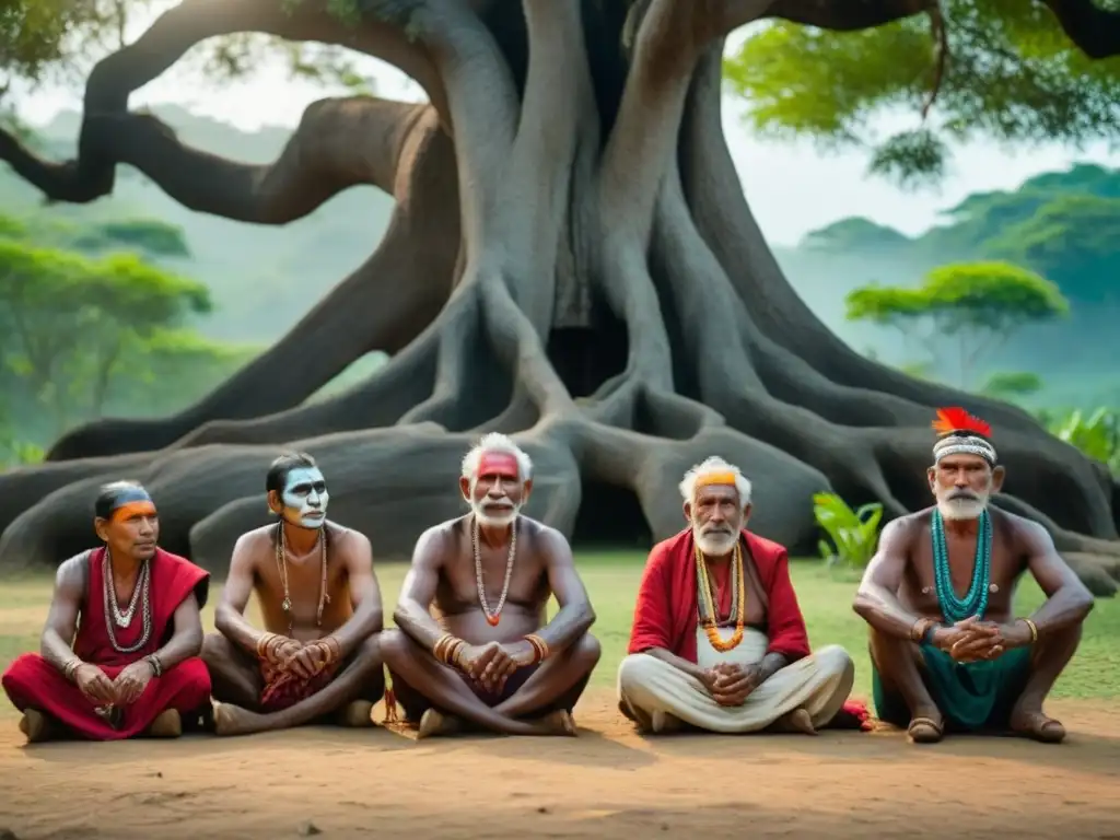 Consejo de ancianos indígenas mexicanos bajo árbol ancestral en profunda deliberación