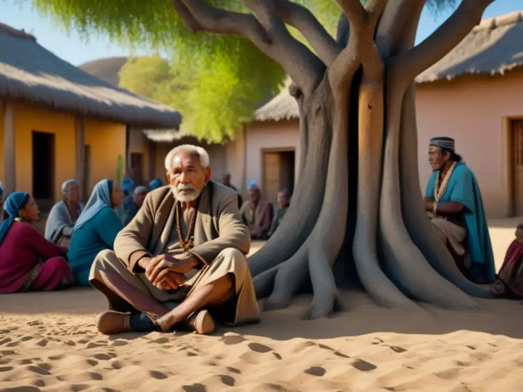 Consejos ancestrales: anciano indígena mexicano con sabiduría en consejo bajo un árbol centenario