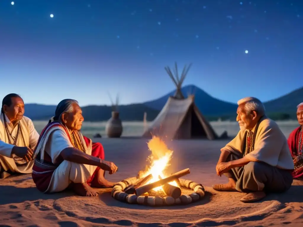 Consejos ancestrales en círculo: ancianos indígenas mexicanos comparten sabiduría alrededor del fuego bajo un cielo estrellado