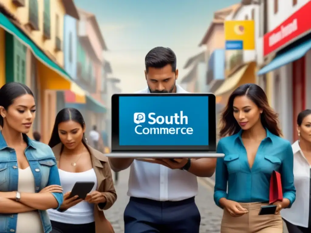 Consumidores en Sudamérica interactúan con dispositivos digitales, respetando normativas defensa consumidor comercio digital