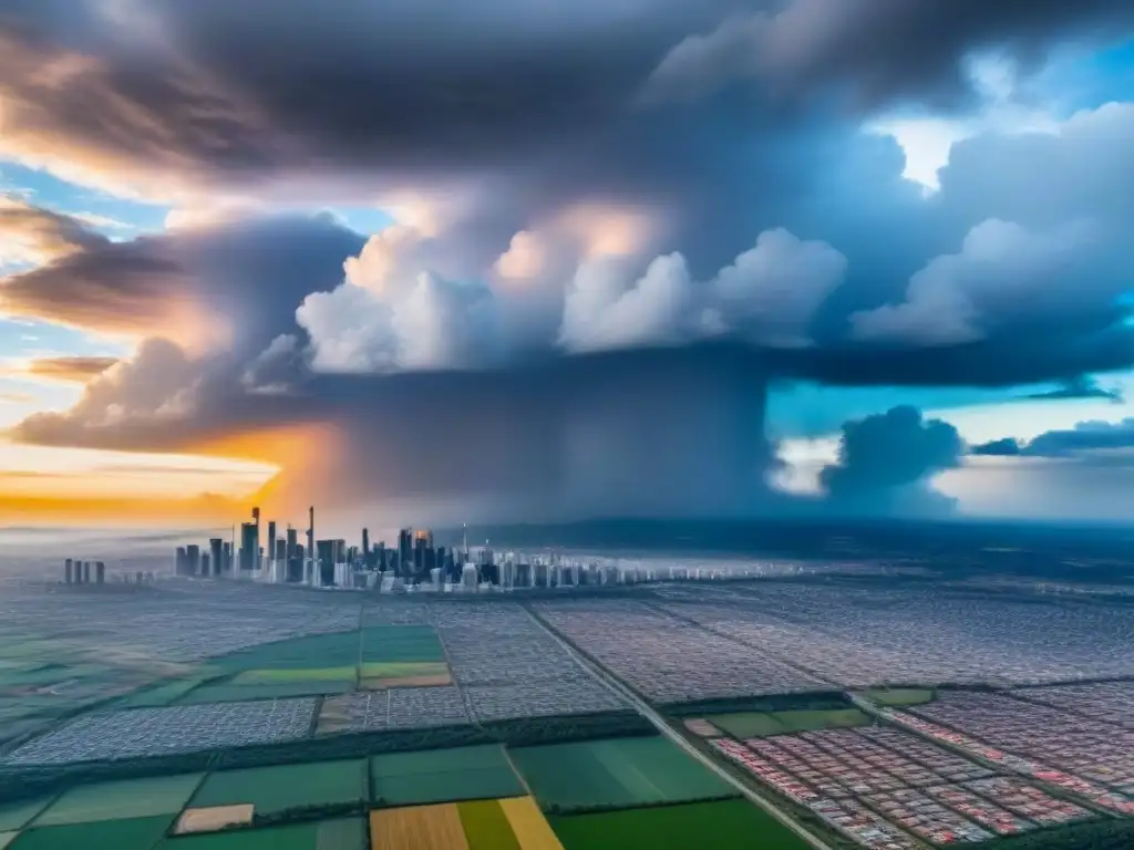 Contraste entre fuentes de energía tradicionales y renovables en Cono Sur, bajo un cielo dramático
