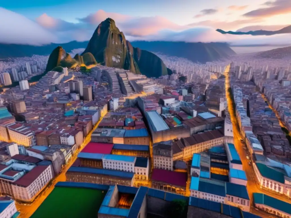 Contraste urbano en Sudamérica: rascacielos y mercados llenos de vida Contraste entre rascacielos y mercados coloridos en ciudad sudamericana