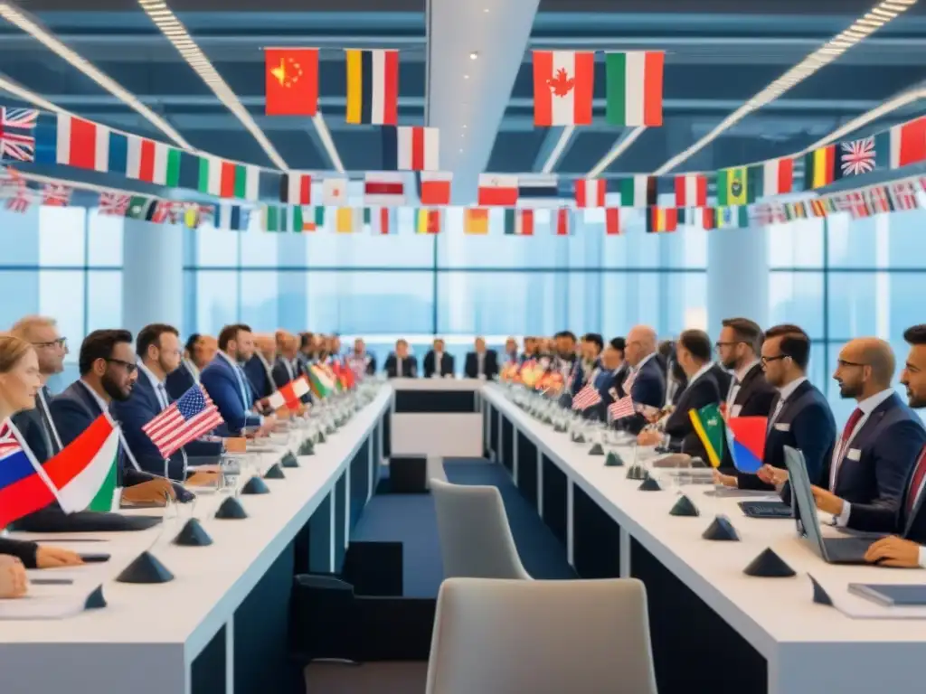 Conferencia internacional de comercio: negociaciones globales en acción Delegados de diferentes países en una conferencia de comercio internacional, colaborando y negociando leyes internacionales comercio electrónico