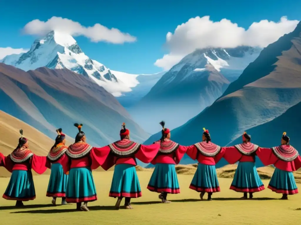 Derecho Andino preserva identidad globalización: Quechua danzando en los Andes con vest events y colores vibrantes