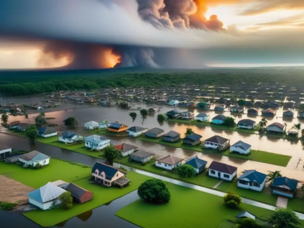 Desastre natural: impacto y cobertura de seguros Desolación tras desastre natural, edificios destruidos, calles inundadas y equipos de emergencia