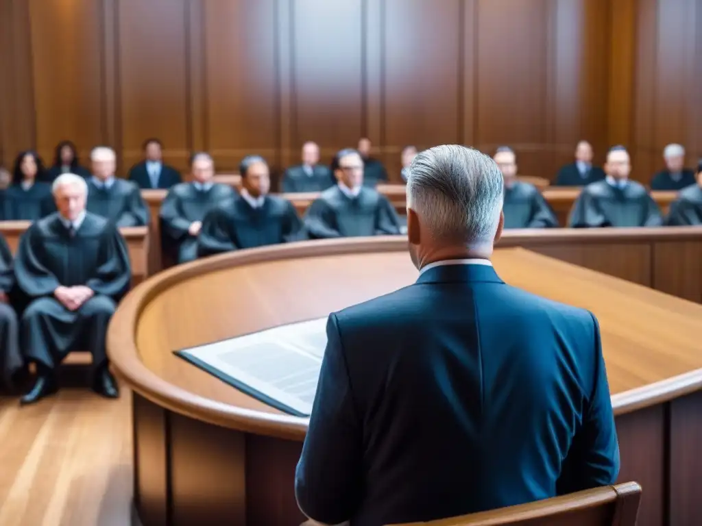 Juicio a Desarrollador de Videojuegos: Tensión Legal en la Corte Desgarradora escena judicial con desarrollador de videojuegos acusado, rodeado de documentos legales y código de juego