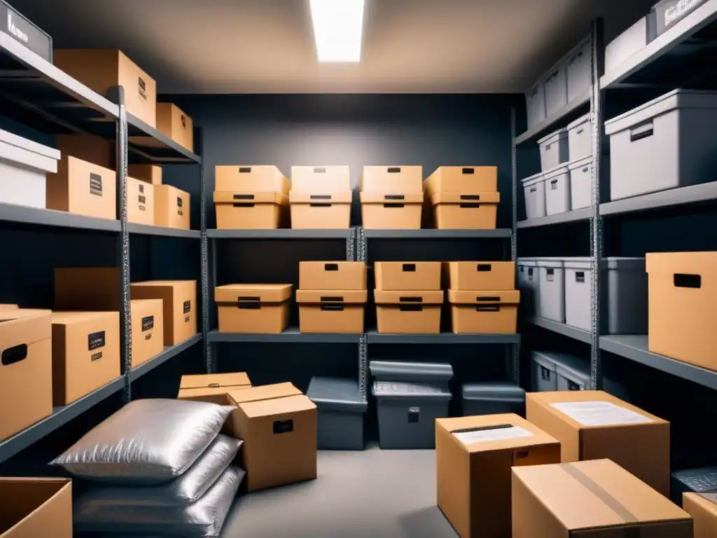 Almacén desorganizado con productos apilados caóticamente