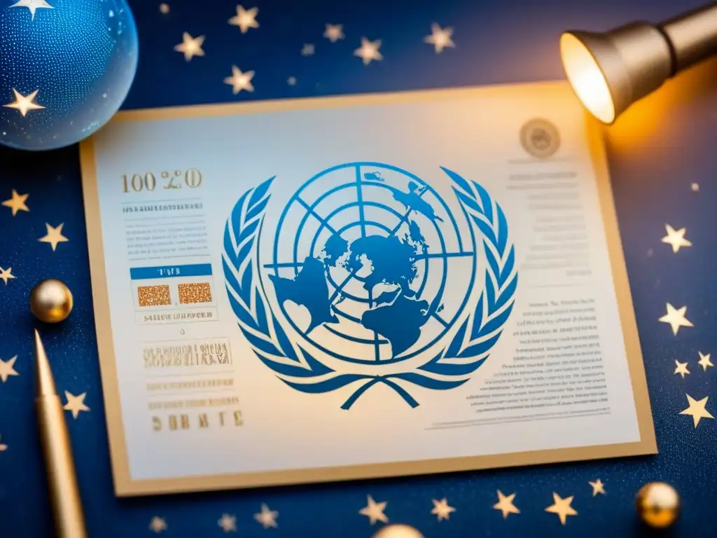 Tratado del Espacio Exterior: Acuerdos internacionales bajo las estrellas Detalle del Tratado de la ONU sobre el Espacio Exterior, resaltando la caligrafía e insignias oficiales, sobre un cielo estrellado