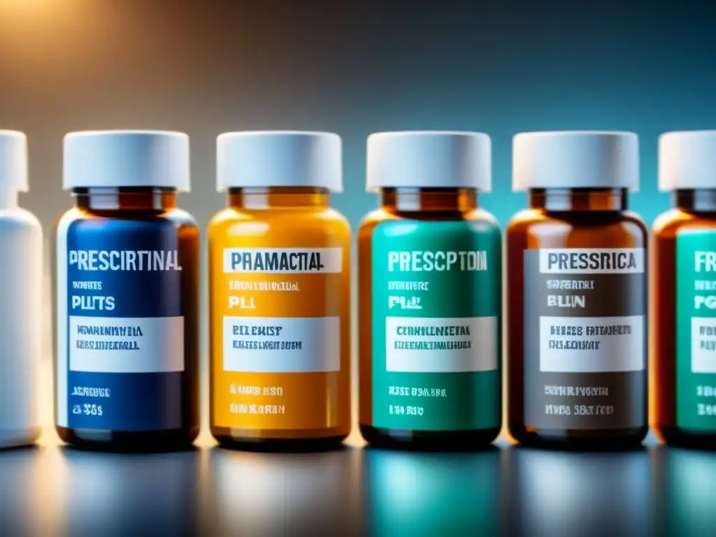 Row de Frascos de Pastillas: Diversidad Farmacéutica Detalle impactante de patentes farmacéuticas en acceso a medicamentos: fila de frascos con logos de empresas