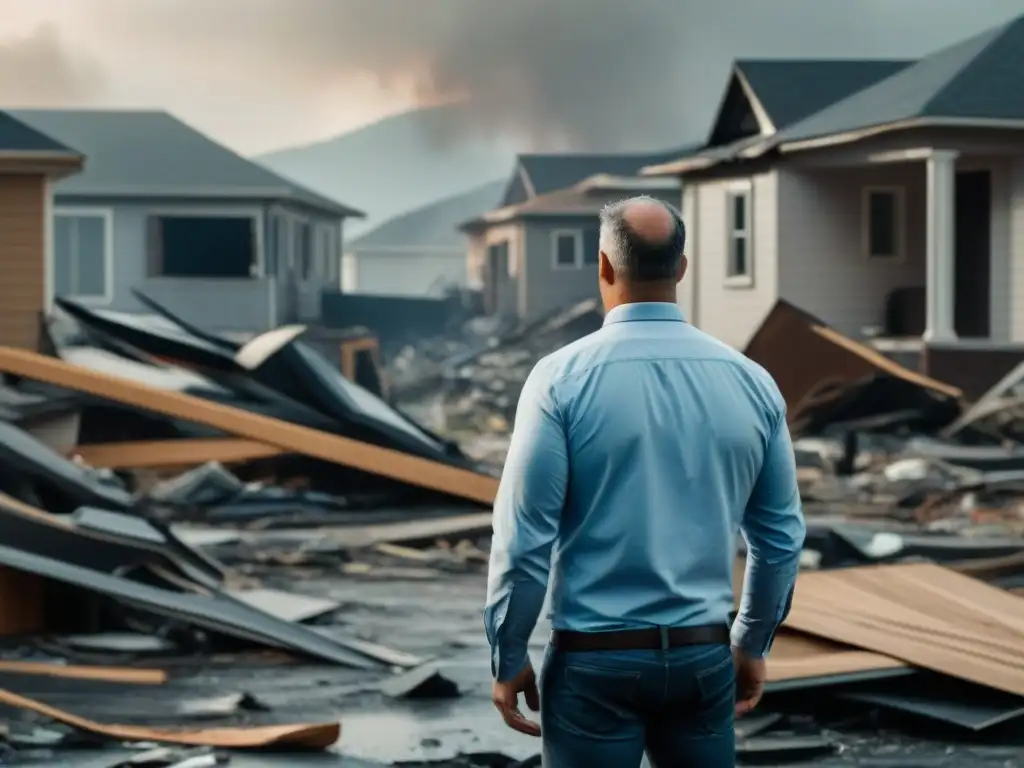 Desolación tras desastre natural: Impacto emocional del caos Devastador desastre natural, hogares destruidos y escombros, figura solitaria reflejando shock y desesperación