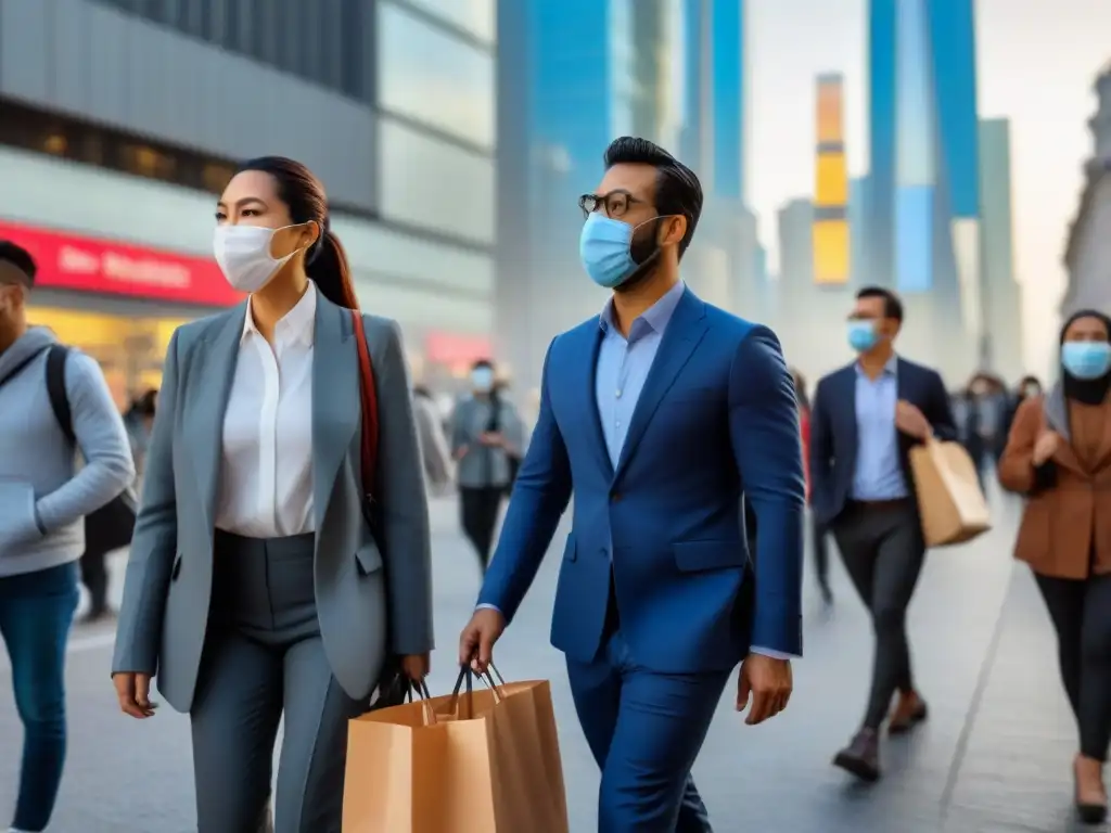 Un día típico en la pandemia: diversidad de personas caminando por la ciudad con mascarillas, representando el equilibrio entre leyes de salud pública y libertad personal